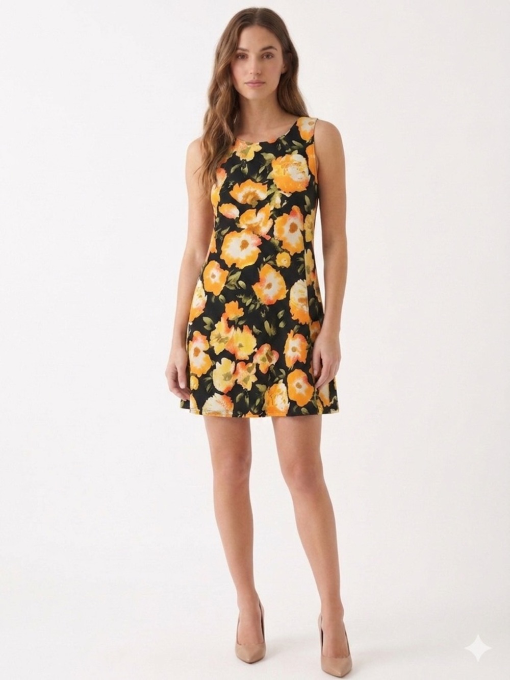 Vintage Allison Brittney Black Mini Dress with Orange and Yellow Floral Print